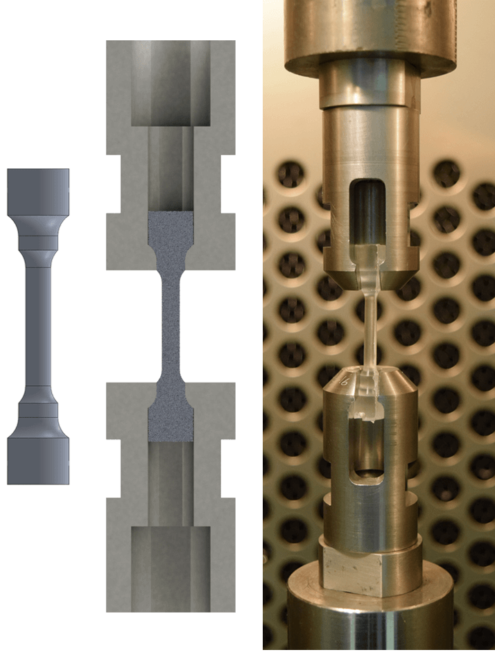 Three images are shown side by side. The leftmost shows a grey object which looks like a dumbbell, with a narrow cylindrical waist and larger cylindrical ends. The middle image shows a cross section of the first object connecting two other objects. The other objects are also cylindrical but are hallowed out. The final image is a real life picture of the apparatus depicted in the middle image.
